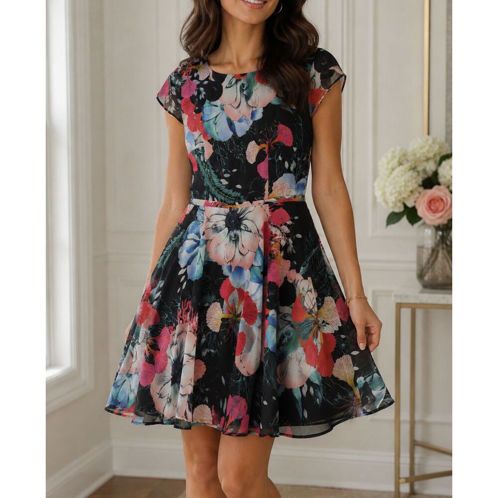 French Connection Floral Dress Fit & Flare Black Sheer Overlay Size 8 Women's